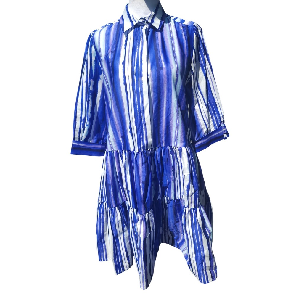 NWT Tyler Boe Blue White Watercolor Stripe Tiered Cotton Shirt Dress Size  S